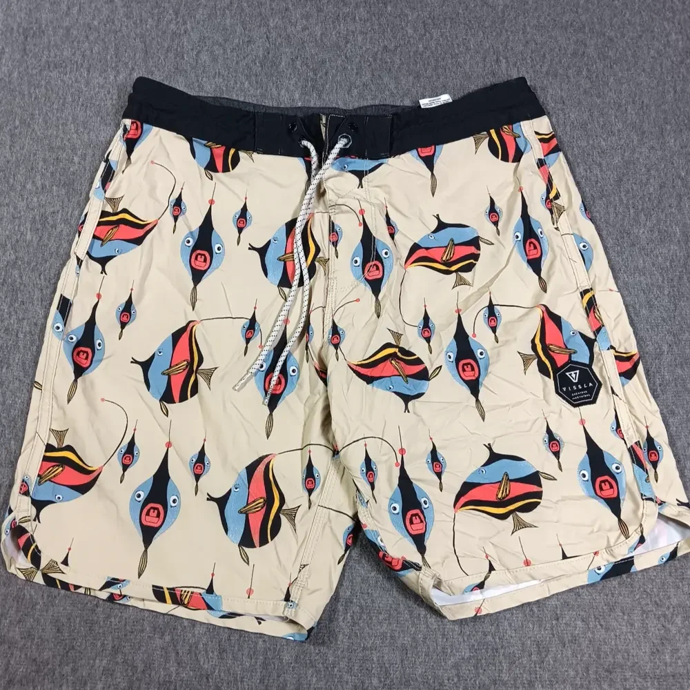 Vissla Shorts Mens 33 Beige  Board Quick Dry Fish Print Tropical Upcycle Coconut